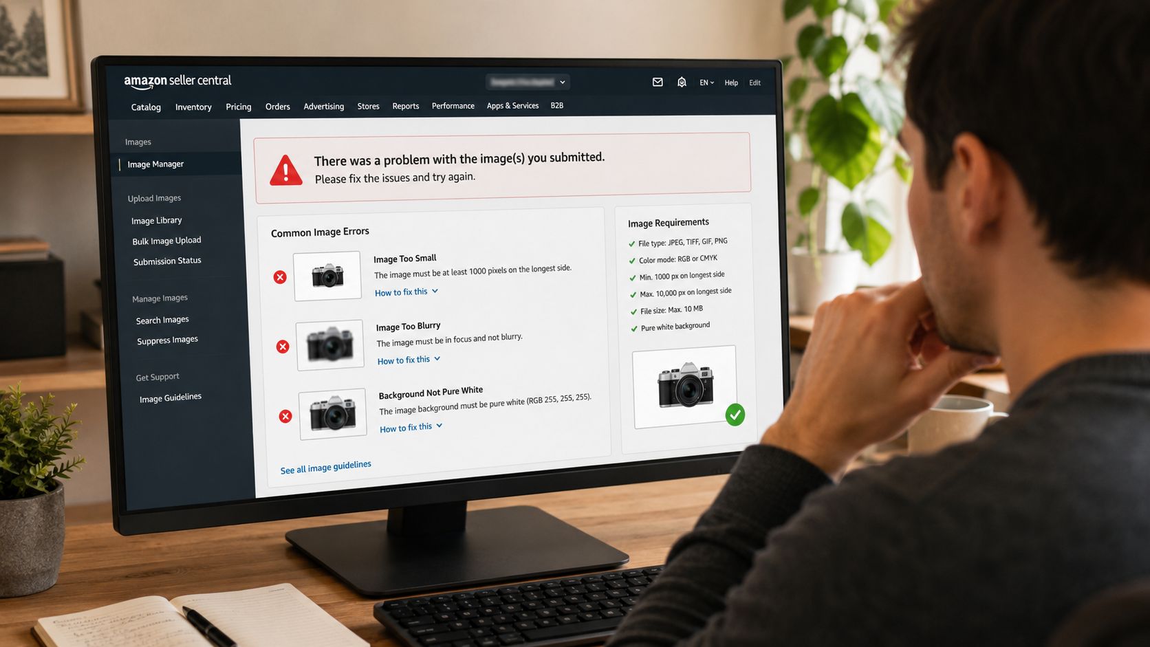 A person looking at Amazon Seller Central screen displaying common product image error messages on a computer.