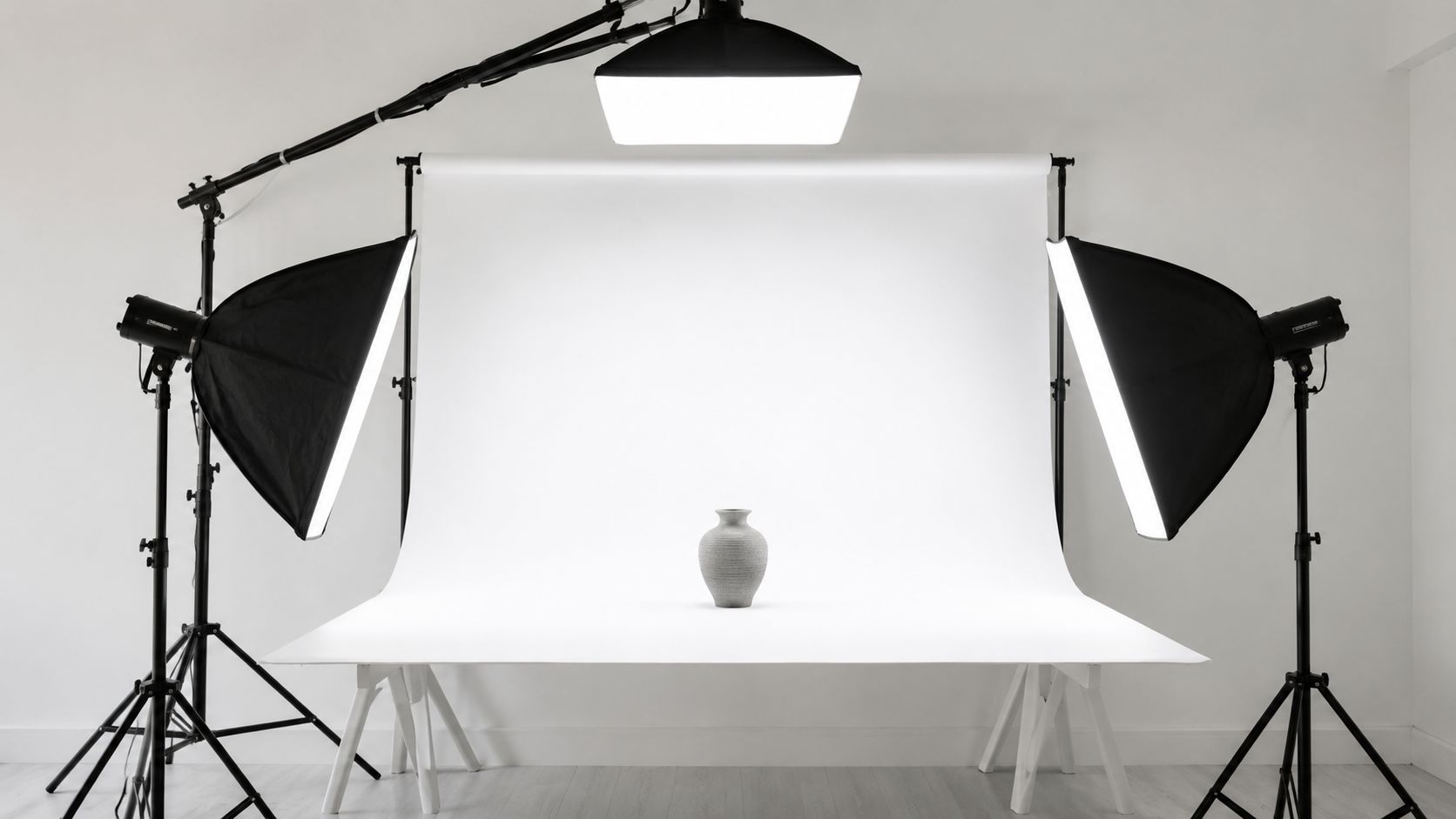 A professional product photography setup with a studio light, softboxes, and a vase on a white backdrop.