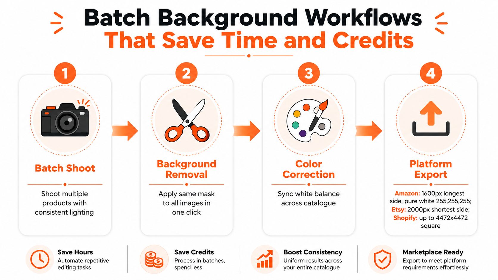A four-step infographic illustrating batch background removal and editing workflows for professional product photography.