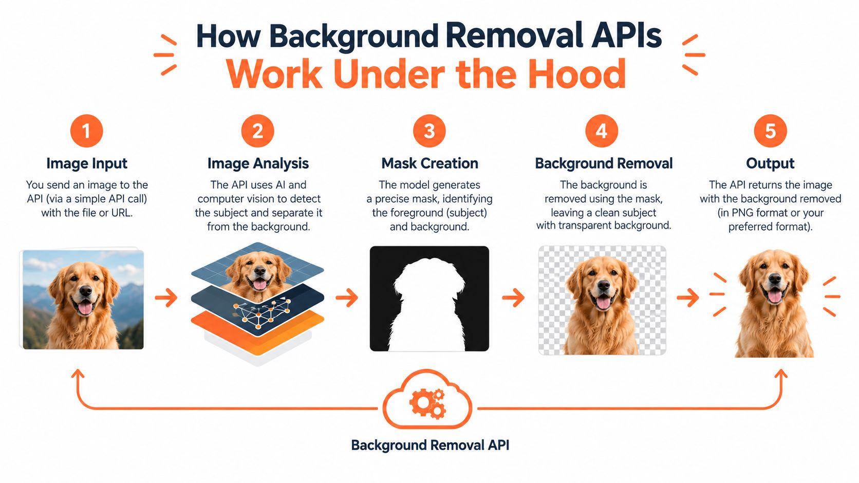 A diagram illustrating the five-step workflow of how a background removal API processes an image.
