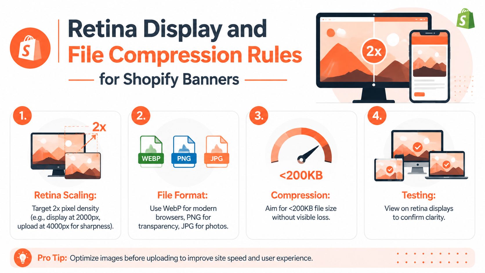 An infographic titled Retina Display and File Compression Rules for Shopify Banners with four optimization steps.