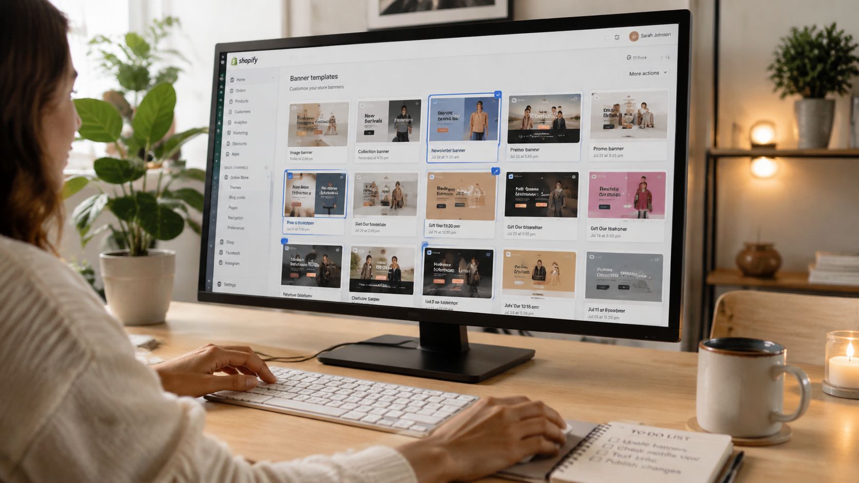 A person working on a Shopify store dashboard on their desktop computer to design custom website banners.