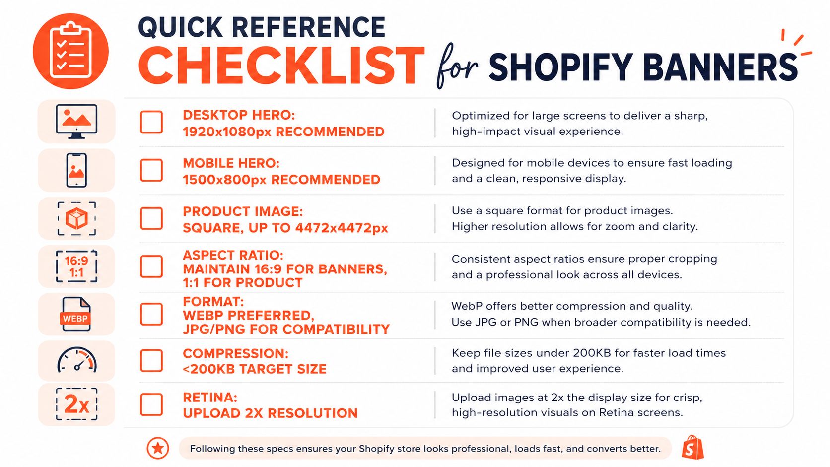 A quick reference checklist for Shopify banner image specifications including resolution, aspect ratio, and file format optimization.