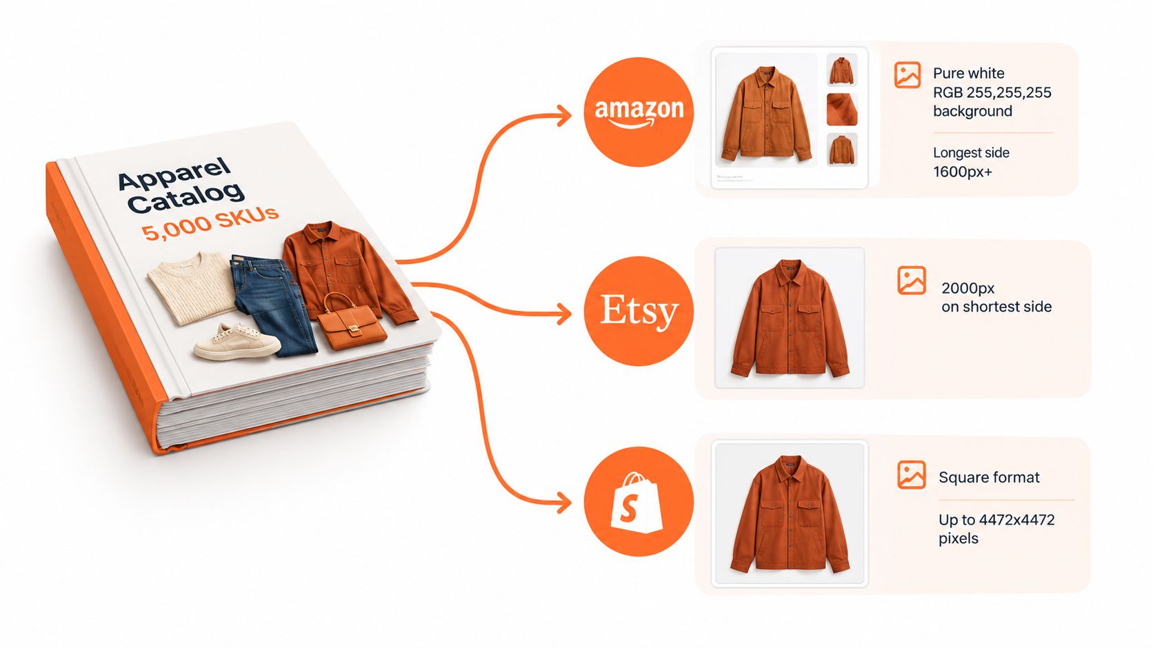 A diagram illustrating how an apparel catalog of 5,000 SKUs is optimized for Amazon, Etsy, and Shopify platforms.