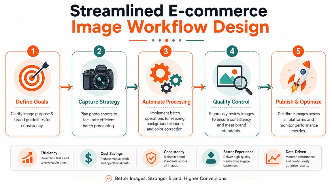 A five-step flowchart illustrating a professional streamlined e-commerce image workflow design process for online product photography.