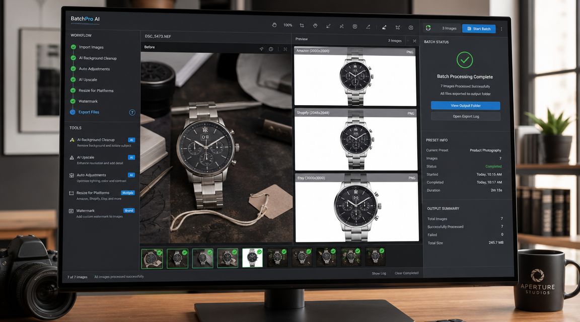 A computer screen displaying BatchPro AI software processing professional product photos of wristwatches for various online storefronts.