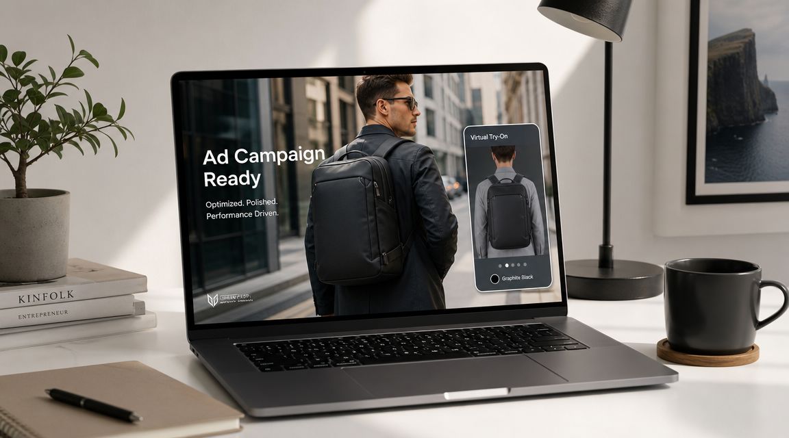 A modern laptop on a desk showing an advertisement for a professional backpack and virtual try-on tool.