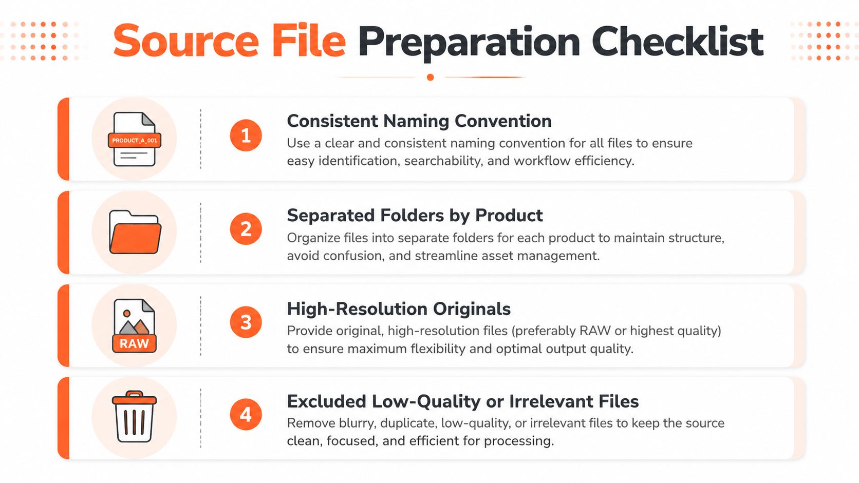 A four-step checklist infographic for organizing and preparing high-quality source files for professional image processing workflows.