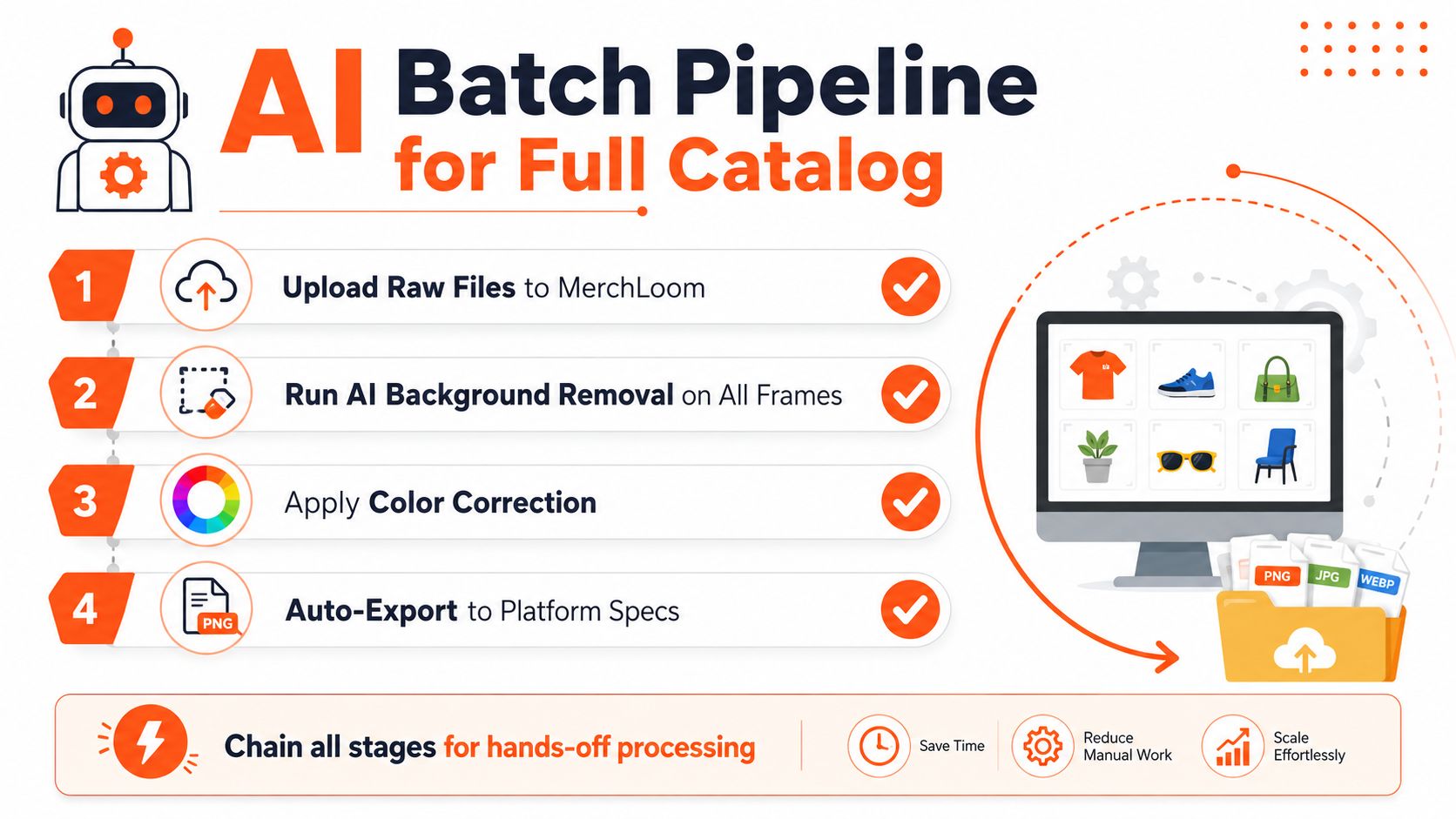 A diagram illustrating a four-step AI batch pipeline for processing product catalog images efficiently and automatically.
