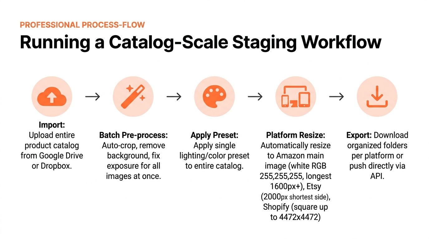 A process flow diagram showing the five steps for a professional product catalog staging workflow.