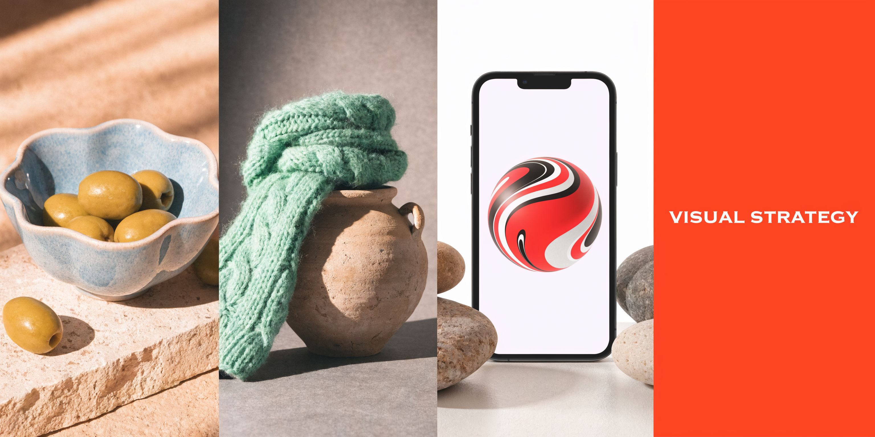 A creative composition featuring olives in a bowl, a clay pot, and a smartphone showcasing design.