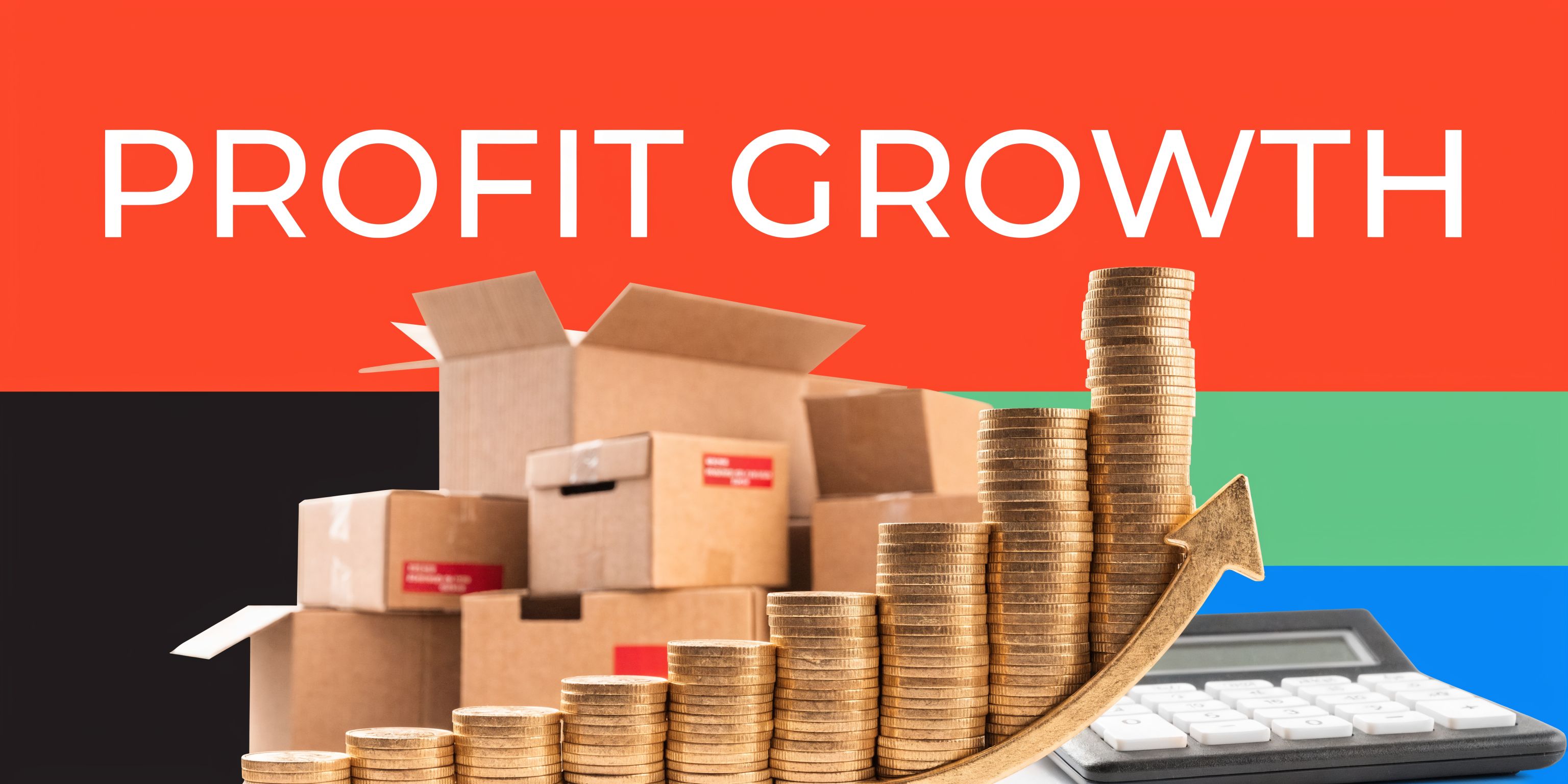 Stacks of coins forming an upward chart trend with cardboard shipping boxes and a calculator nearby.
