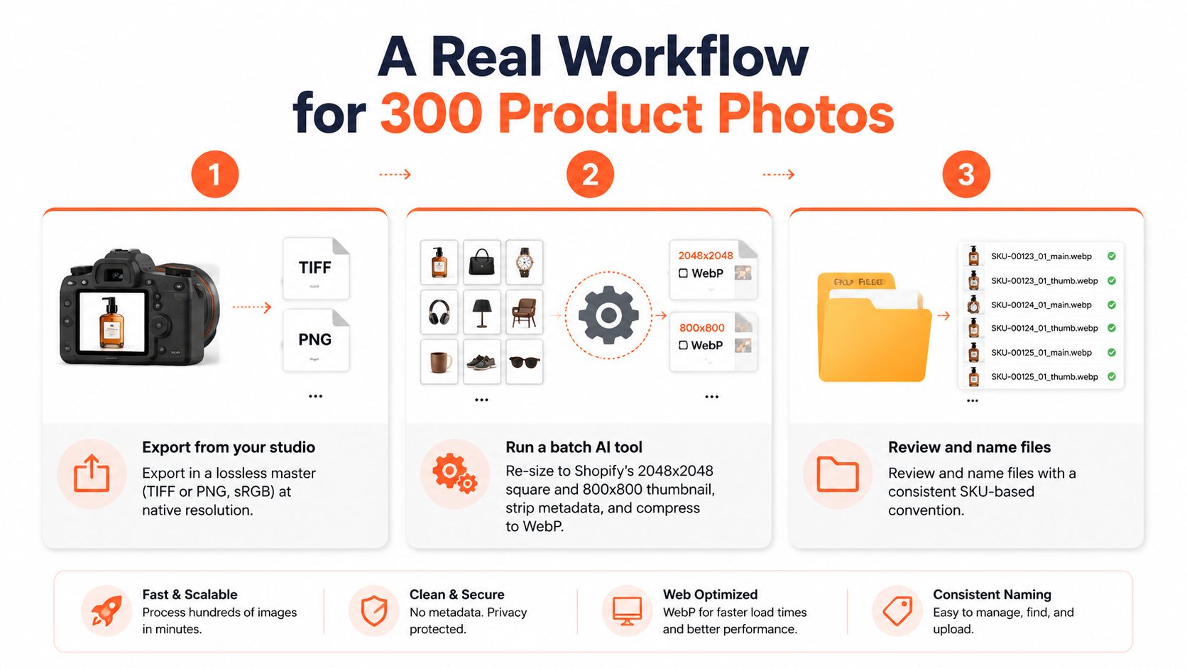 An infographic showing a three-step workflow for processing and optimizing product photography for Shopify e-commerce stores.
