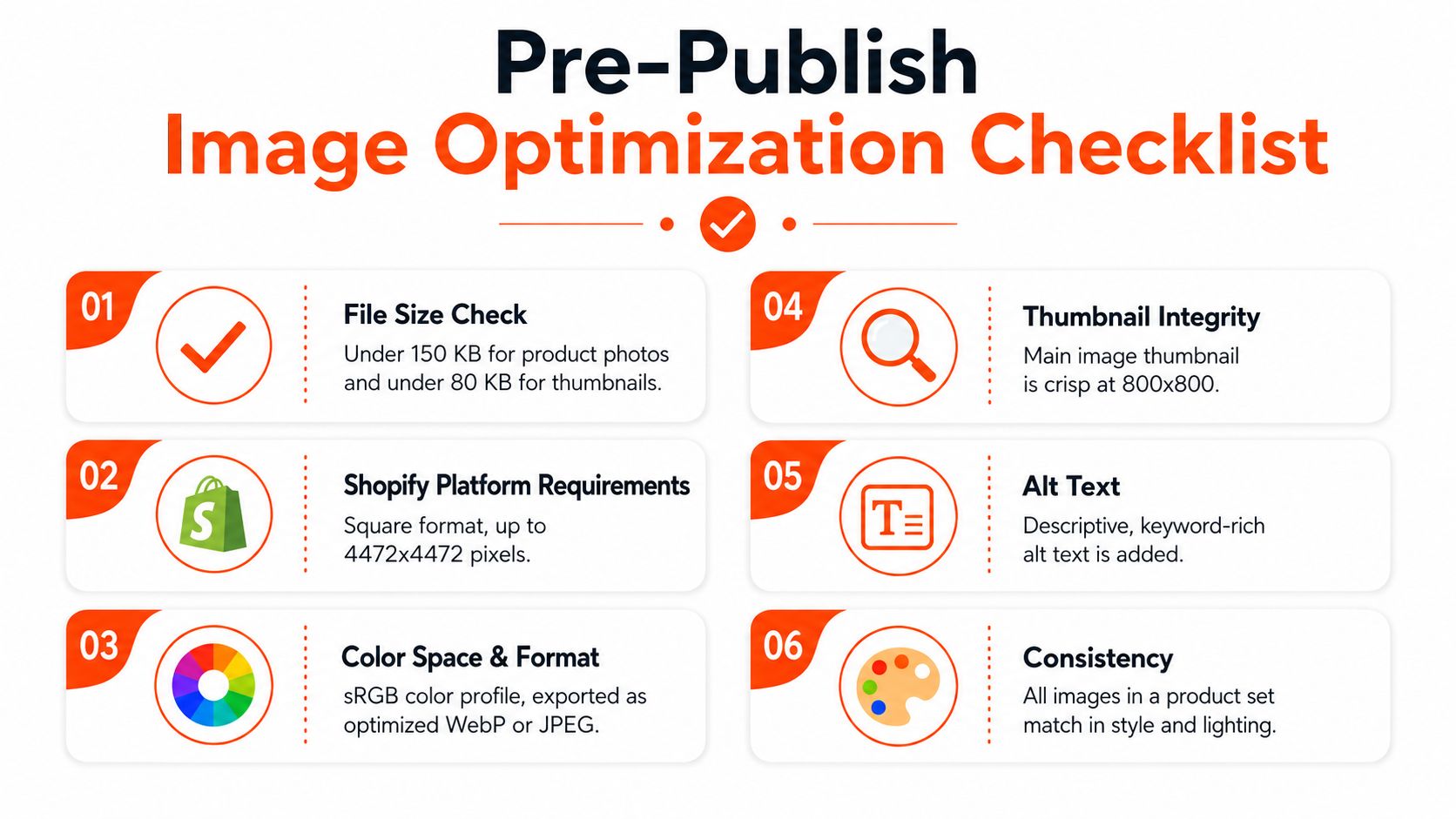 A visual checklist outlining six essential steps for optimizing images before publishing them on a Shopify store.