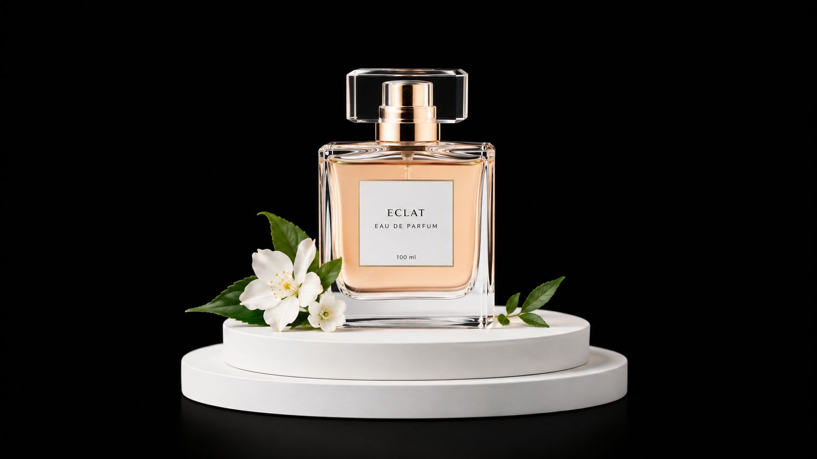 A glass perfume bottle labeled ECLAT sitting on a white circular display platform with jasmine flowers.