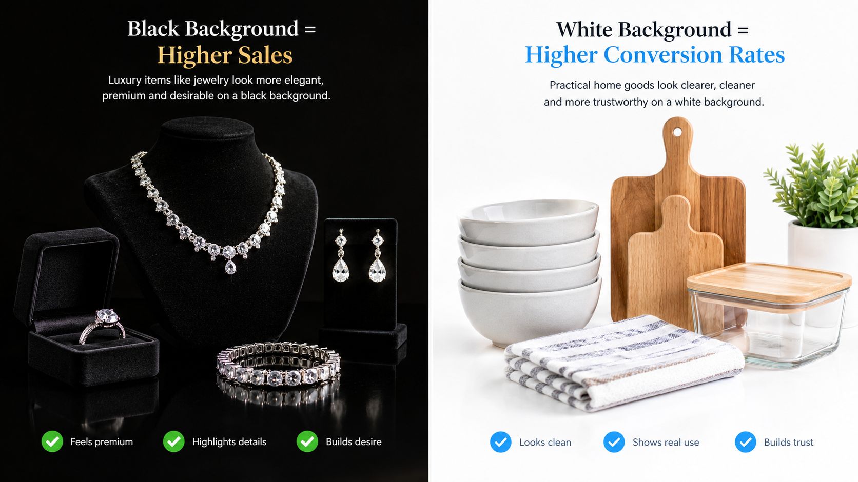 A comparison showing jewelry on a black background and kitchenware on a white background for product photography.