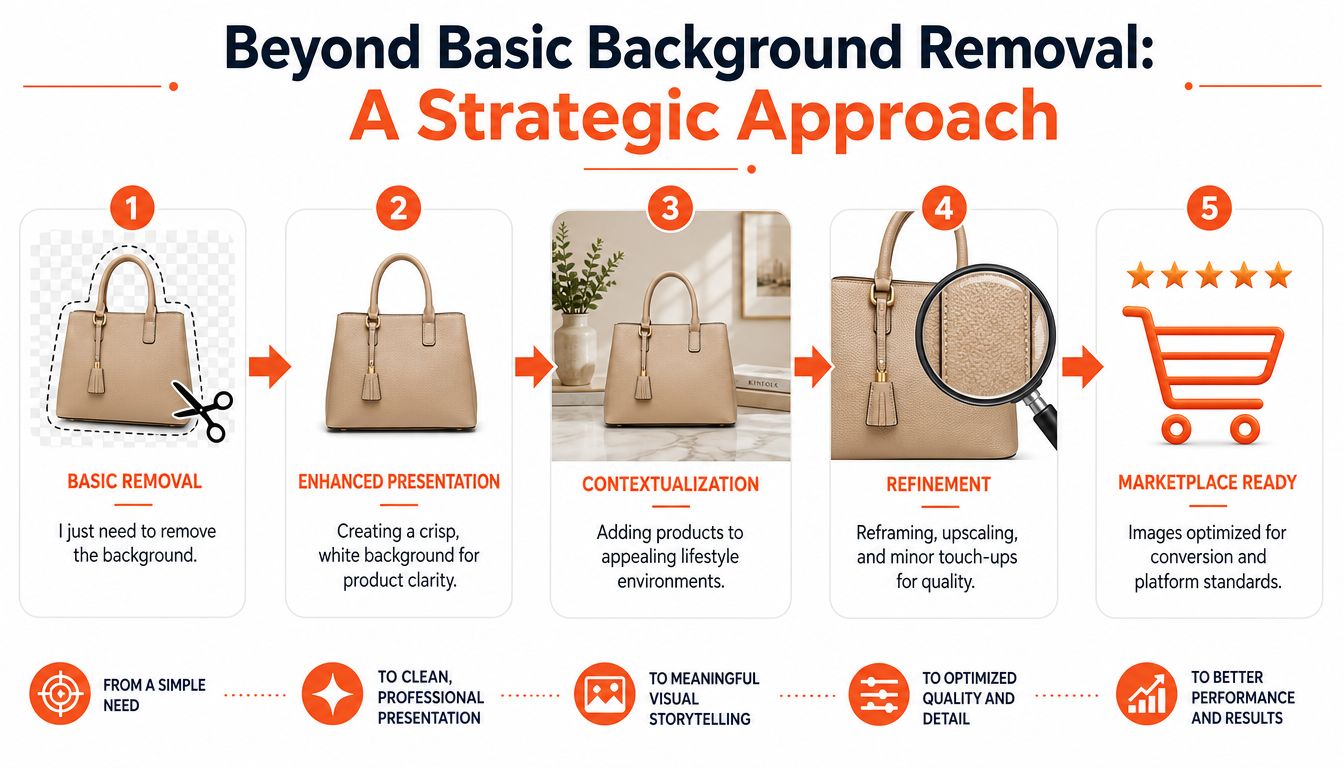 A strategic five-step process graphic showing product photo enhancement from background removal to marketplace ready optimization.