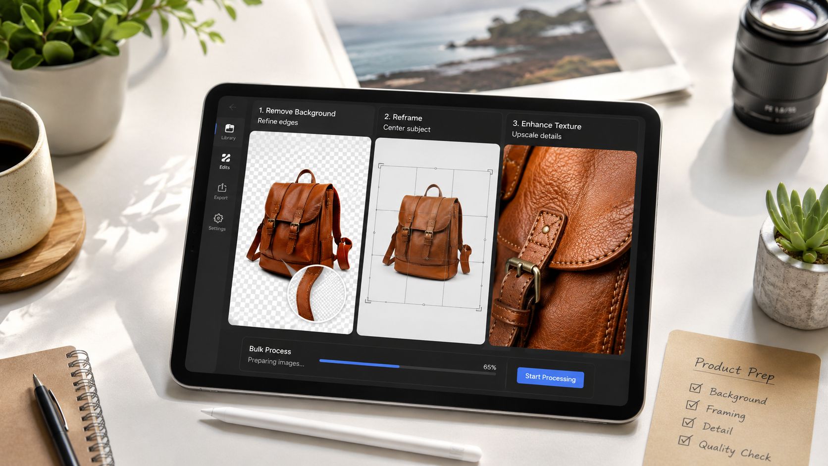 A digital tablet displaying a bulk photo editing application with a leather backpack in different process stages.