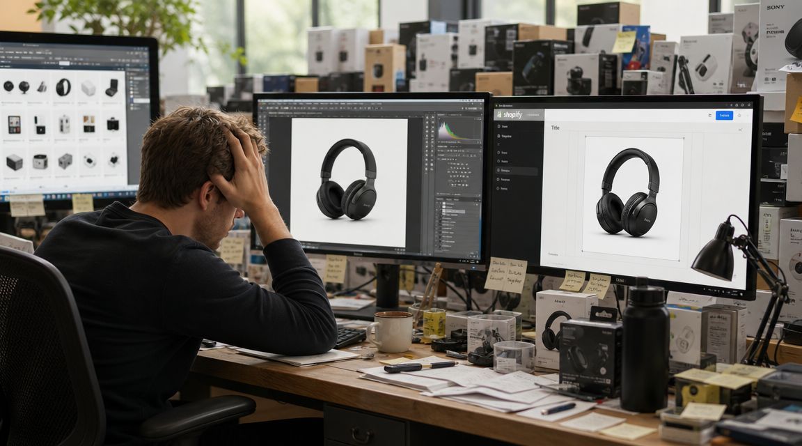 A stressed designer editing bulk product photos of headphones on multiple computer monitors in his workspace.
