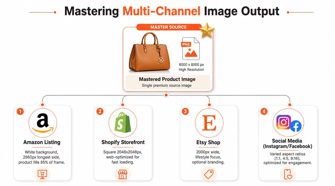 A diagram illustrating how a single master product image is optimized for different e-commerce and social media channels.