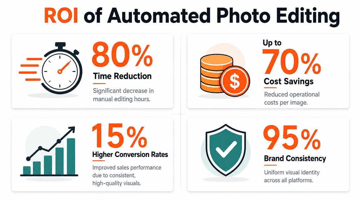 An infographic showing the ROI of automated photo editing with 80% time reduction, 70% cost savings, and improved results.