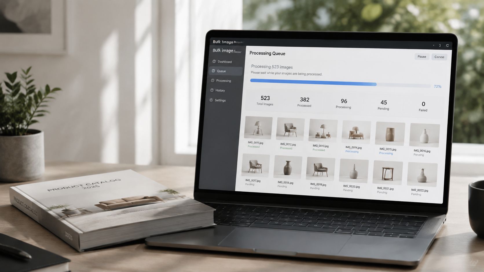 A modern laptop on a desk showing an image processing software dashboard for an ecommerce product catalog.