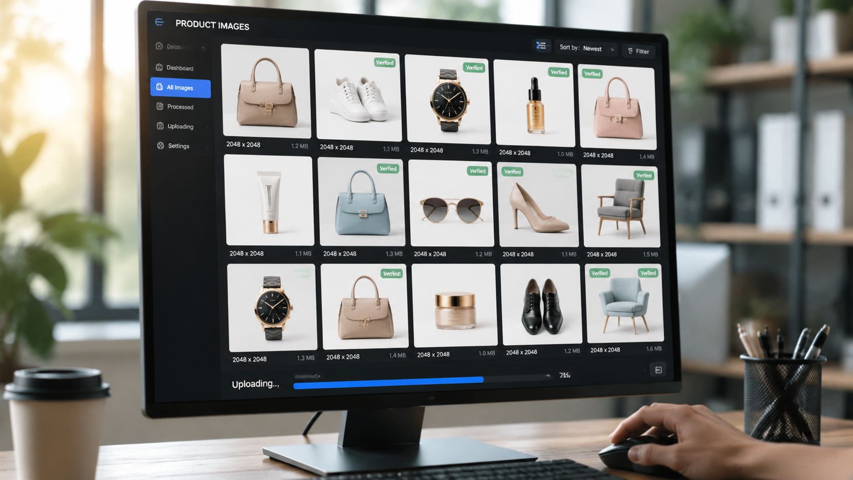 A professional desktop monitor displaying an image management dashboard for organizing and verifying various product photos.