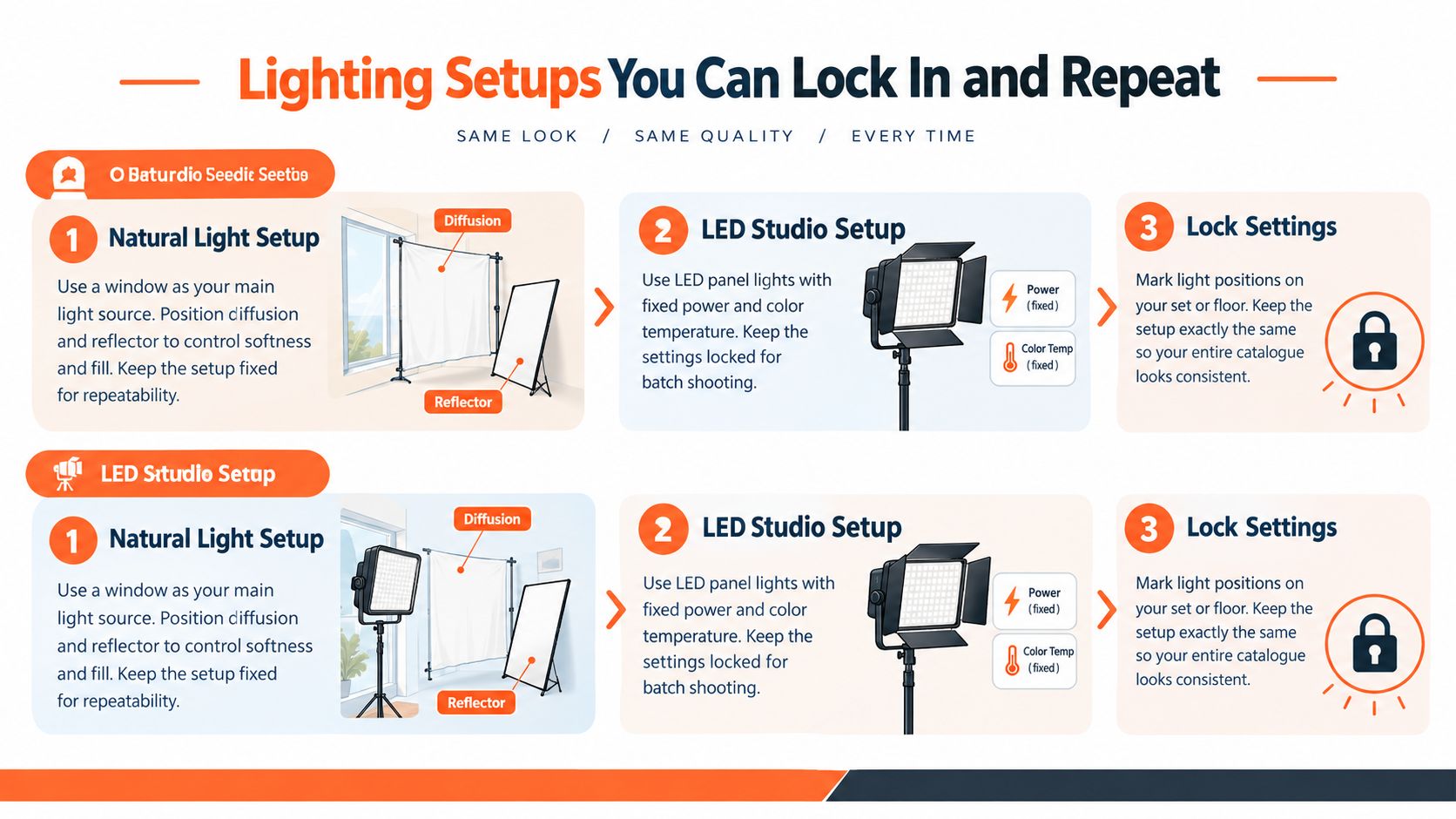 An infographic showing two lighting setups for product photography, including window light and studio LED setups.