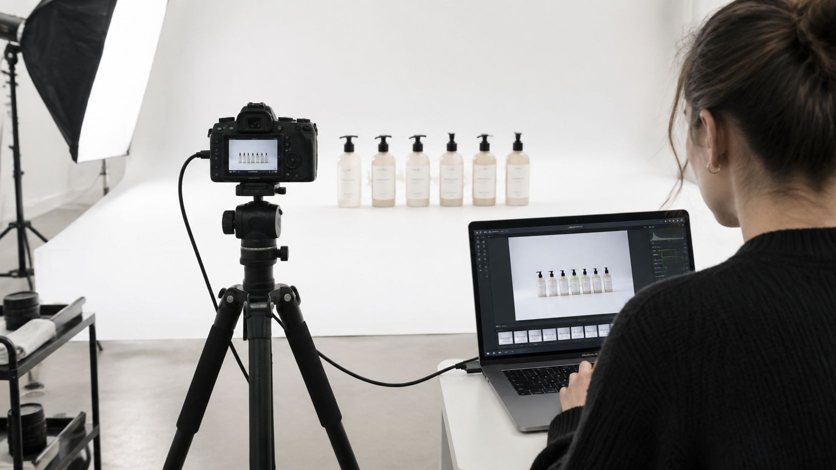 A professional photographer sits at a laptop reviewing product shots of cosmetics bottles captured by a studio camera.