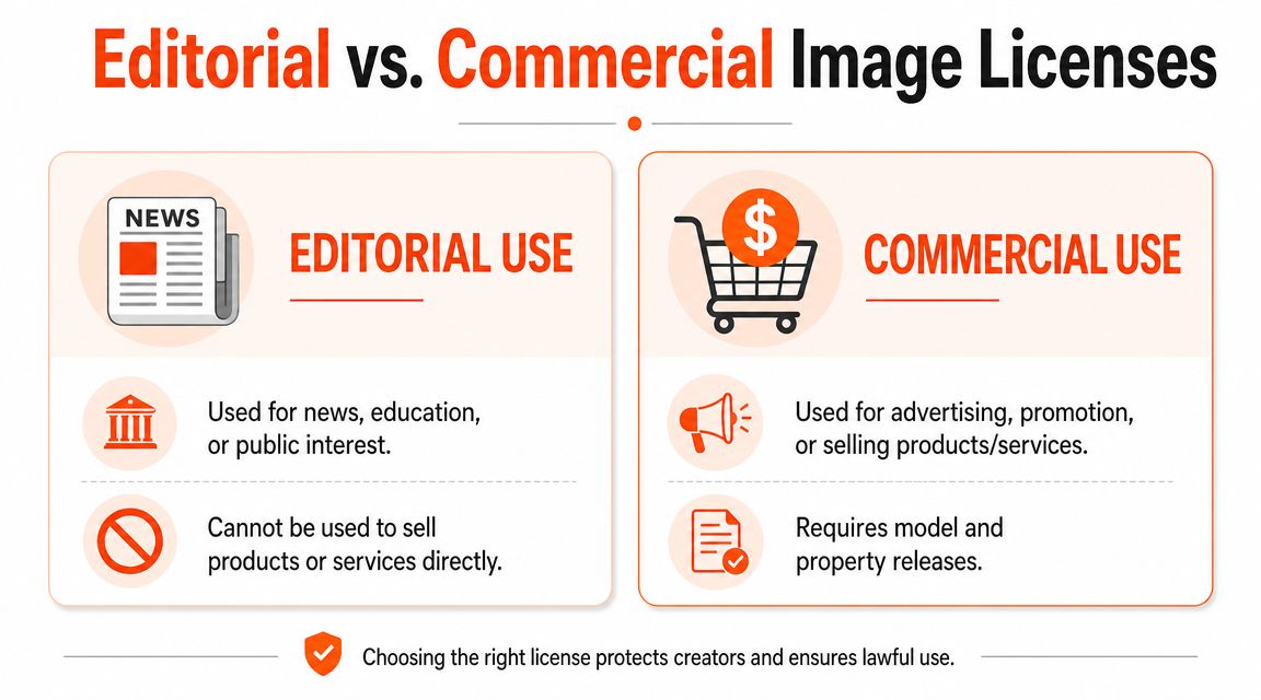 An infographic comparing editorial and commercial image licenses, detailing appropriate usage for news and advertising.