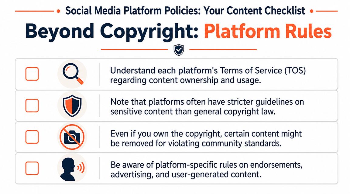 A checklist infographic titled Beyond Copyright, outlining essential social media platform rules for content moderation and usage.