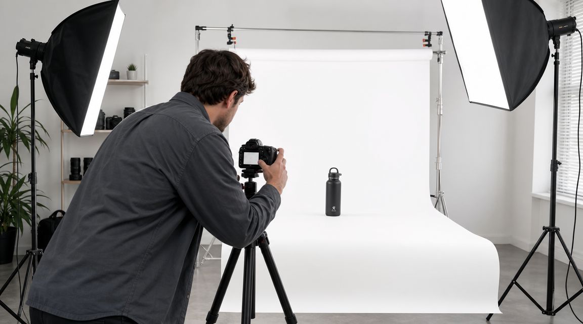 A professional photographer uses a tripod and softbox lighting to capture a product shot of a bottle.