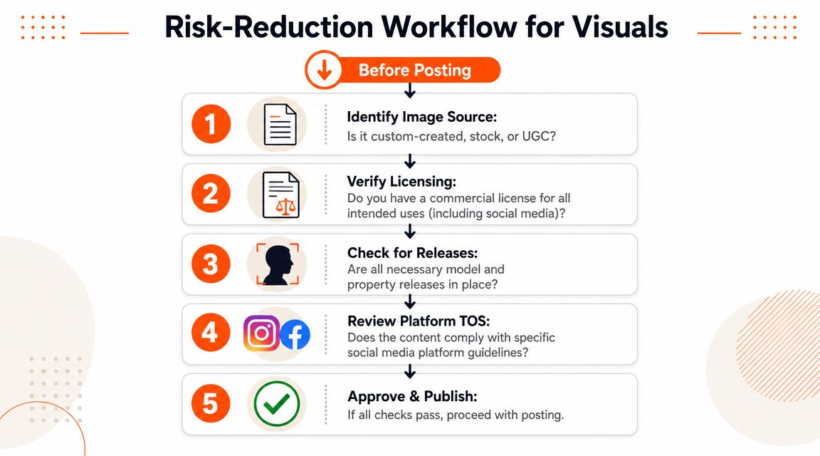 A flowchart titled Risk-Reduction Workflow for Visuals outlining five steps to legally post images on social media.