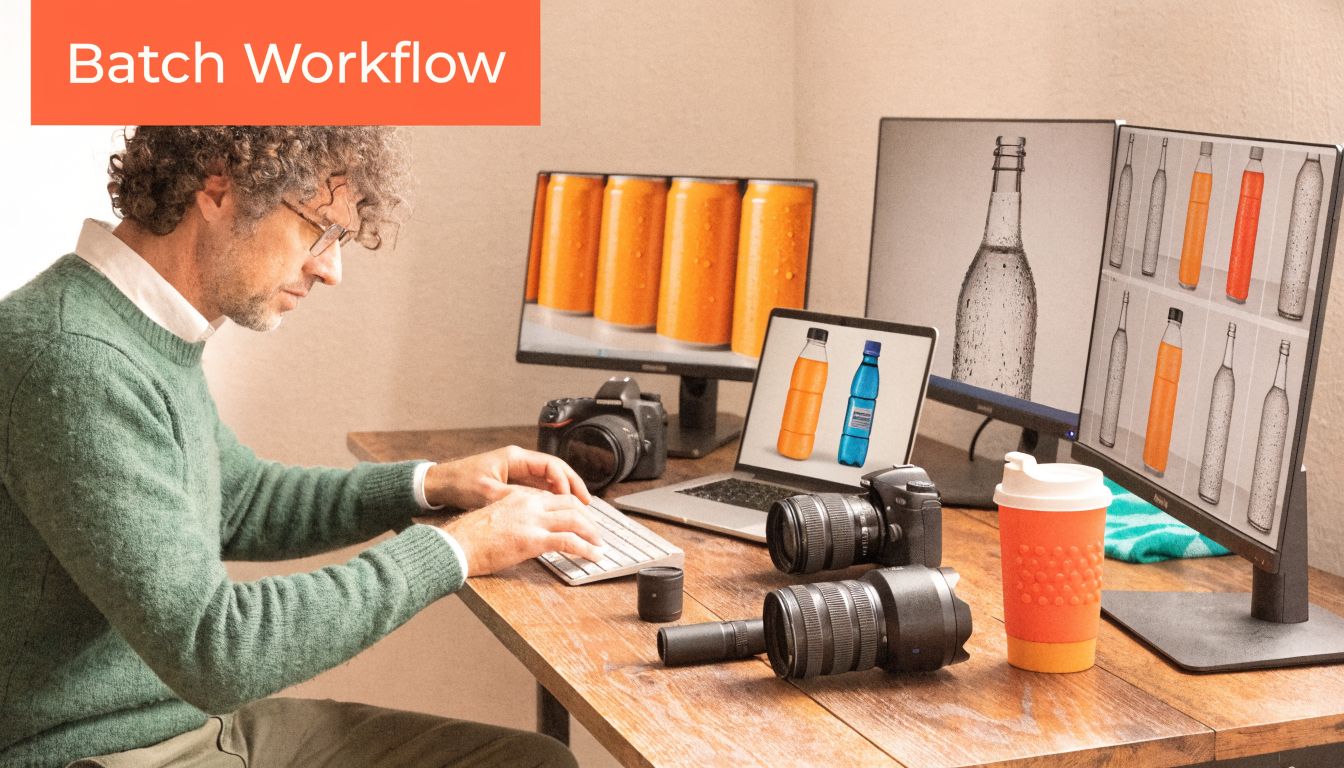 A professional editor working on product photography edits for beverage bottles and cans on multiple computer screens.