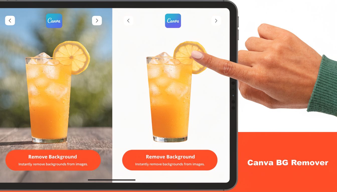 A hand using a tablet to showcase the Canva background removal tool on a glass of juice.