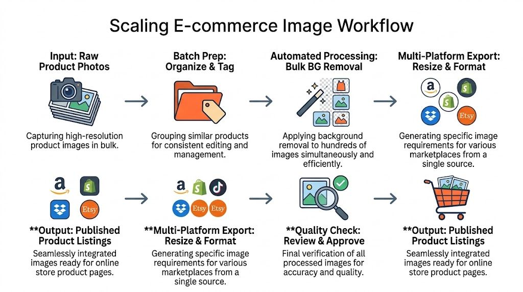 A diagram illustrating a professional workflow for scaling and automating e-commerce product image processing and distribution.