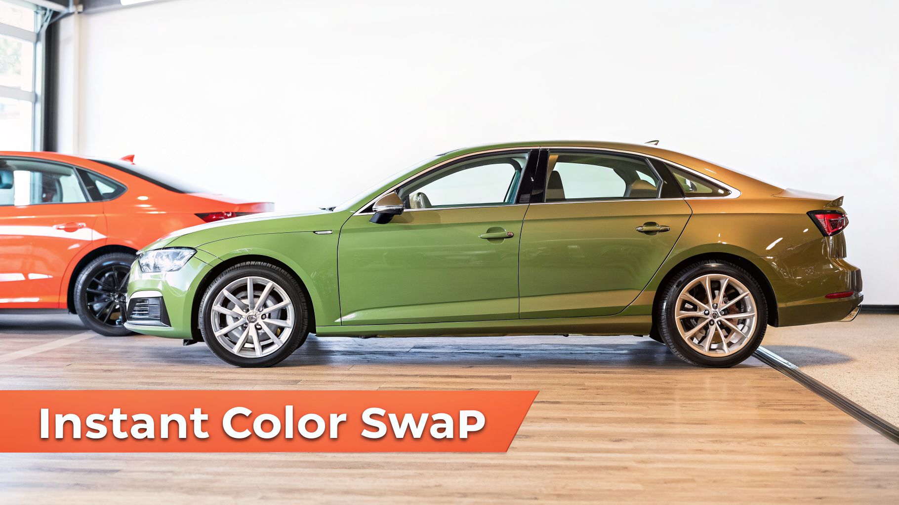 Two modern cars in a showroom, one sedan featuring a vibrant green to bronze color swap.