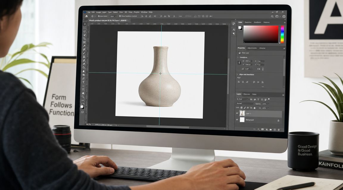 A graphic designer editing a ceramic vase image in Adobe Photoshop on a computer screen.