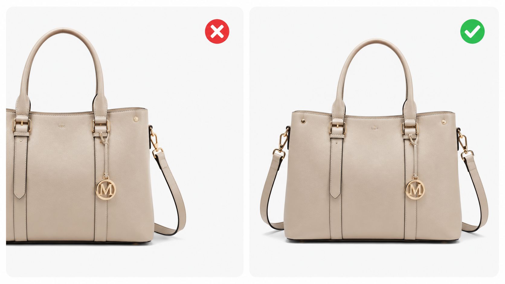 A split image comparing an off-center handbag on the left and a centered handbag on the right.