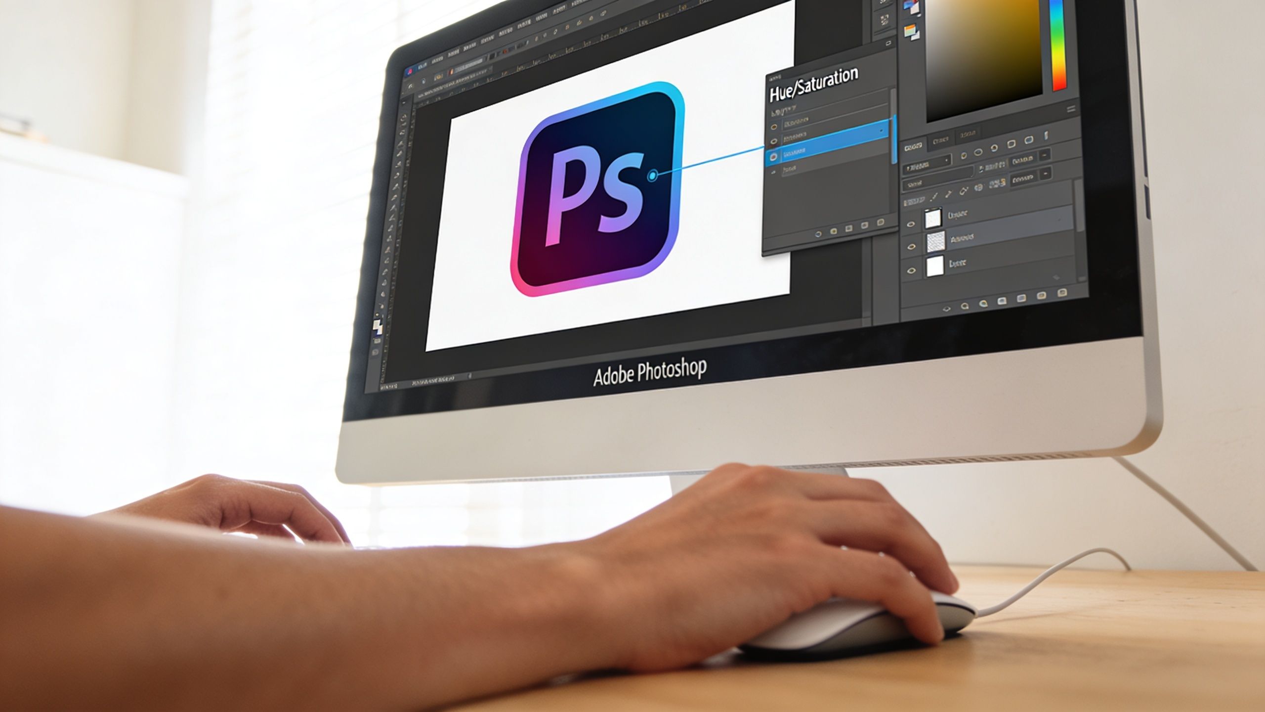 A person using a computer to adjust the hue and saturation of an Adobe Photoshop logo design.