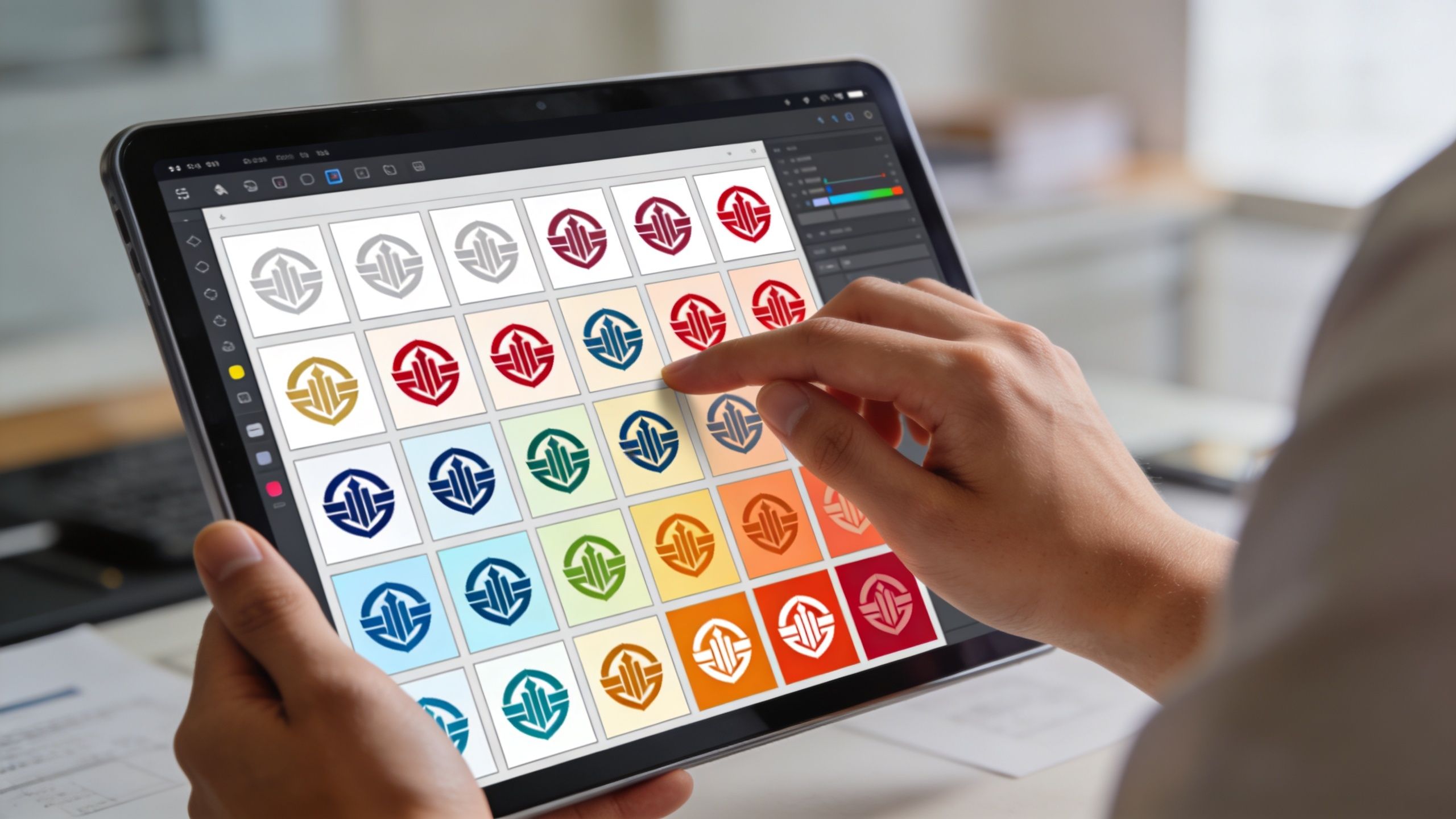 A person using a tablet to select from a grid of various colored logo designs.