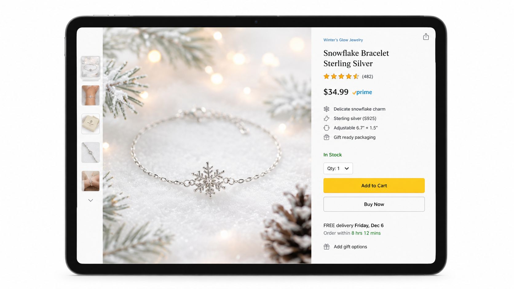 A product page for a delicate sterling silver snowflake bracelet displayed on a festive Christmas themed background.