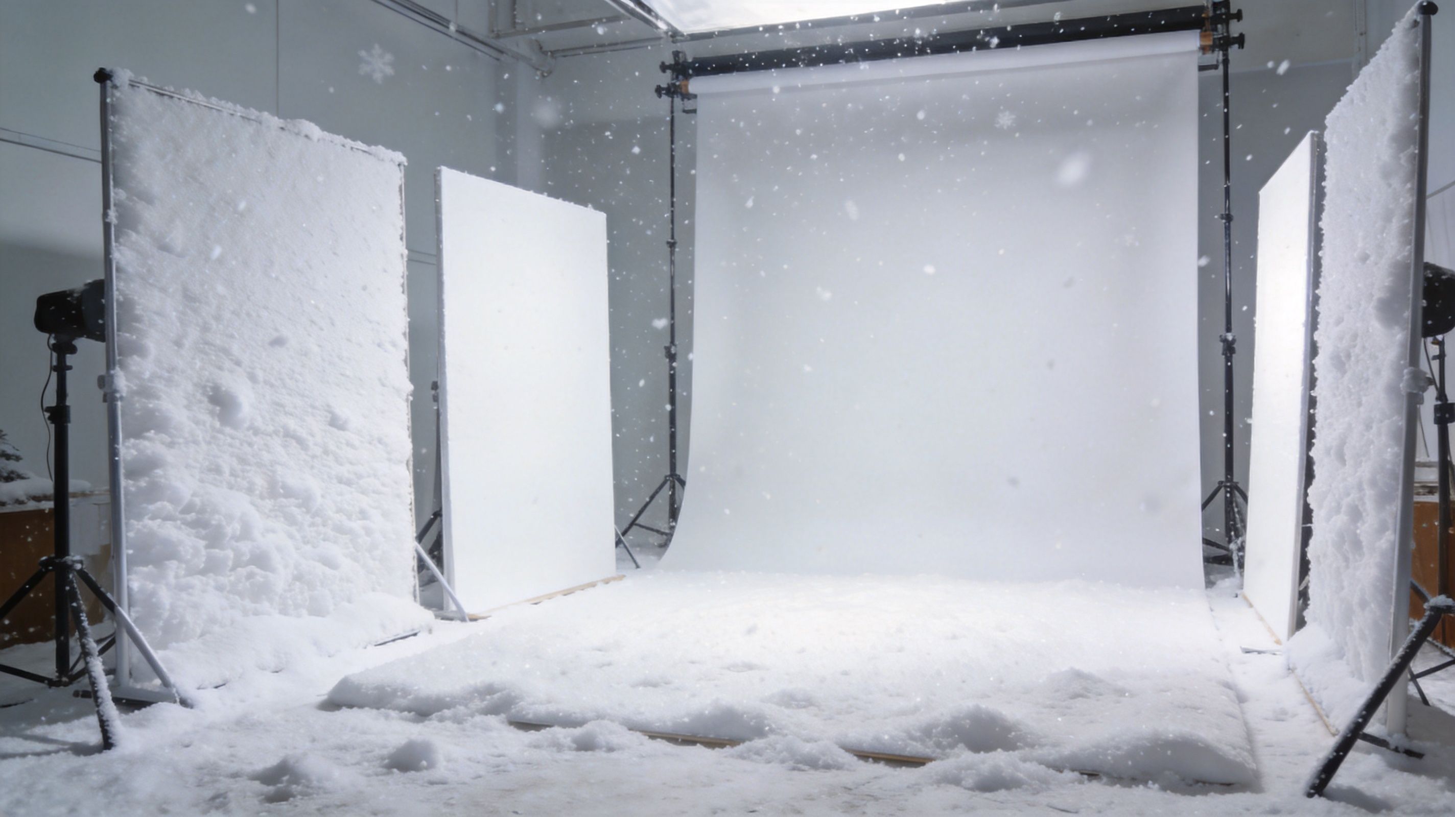 A professional photography studio set up with fake snow, white backdrops, and falling snowflakes for winter scenes.