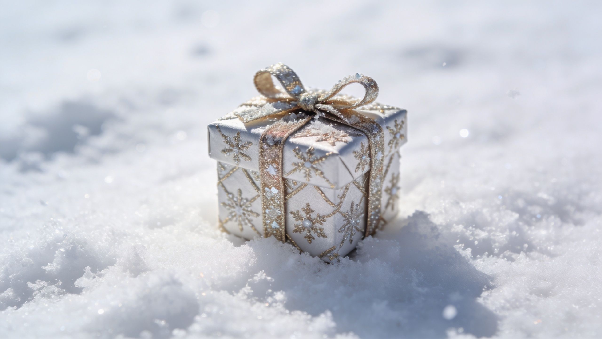 A beautiful silver gift box decorated with snowflakes sitting in the pristine white snow on a sunny day.
