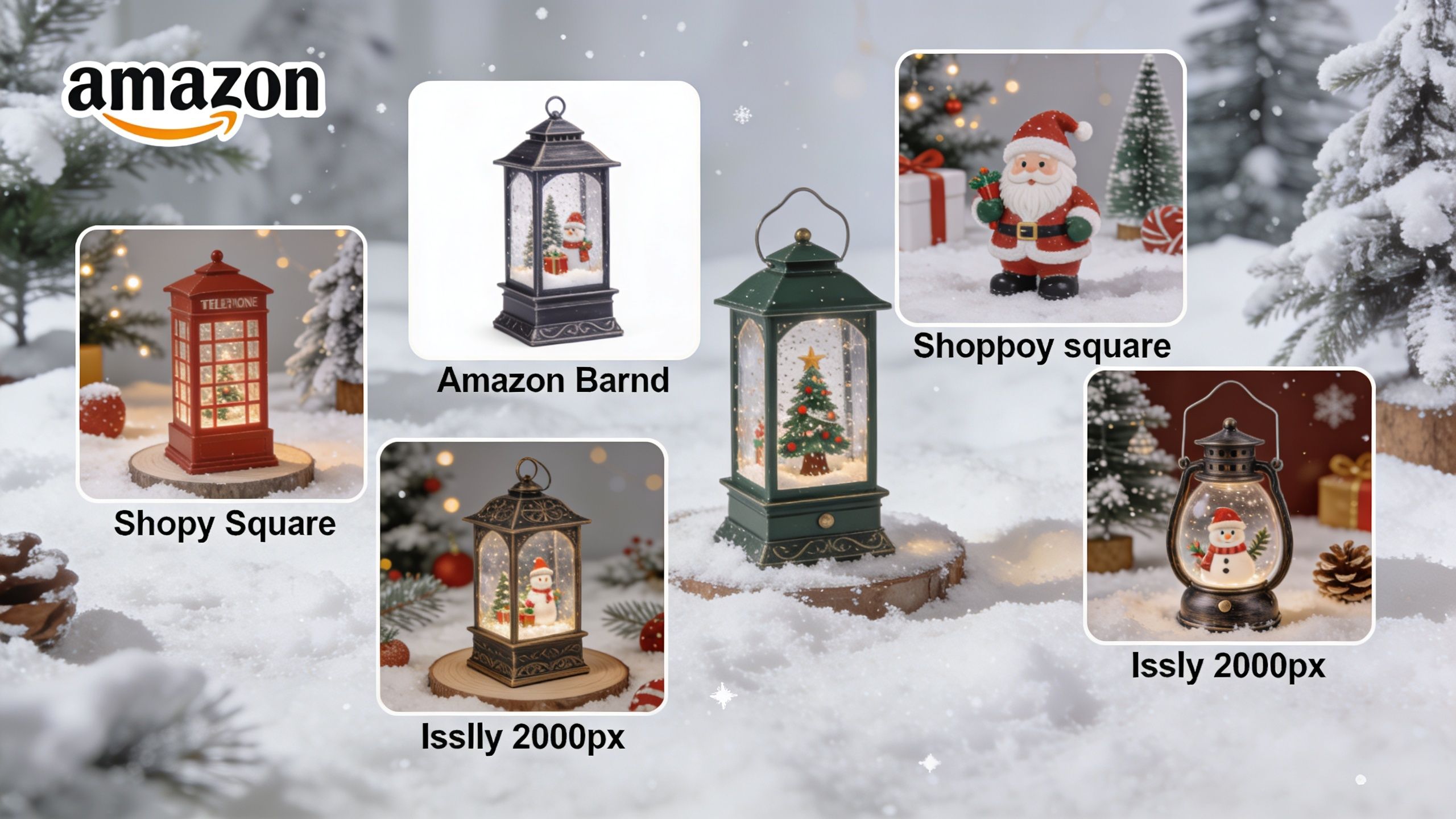A collection of vintage-style Christmas lanterns and a Santa figurine displayed on a snowy outdoor background.