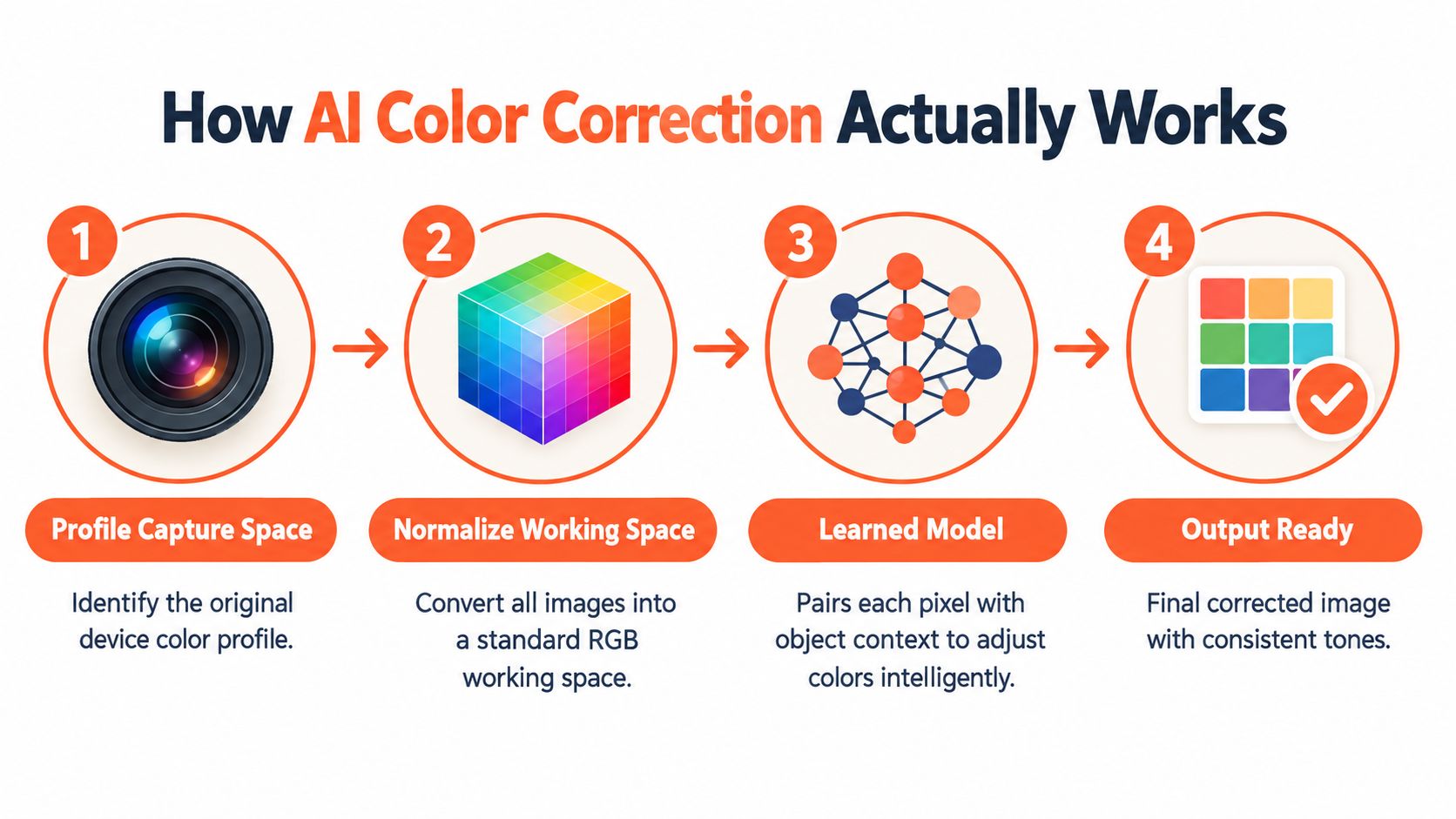 A four-step infographic explaining the technical process of how AI color correction transforms digital images.