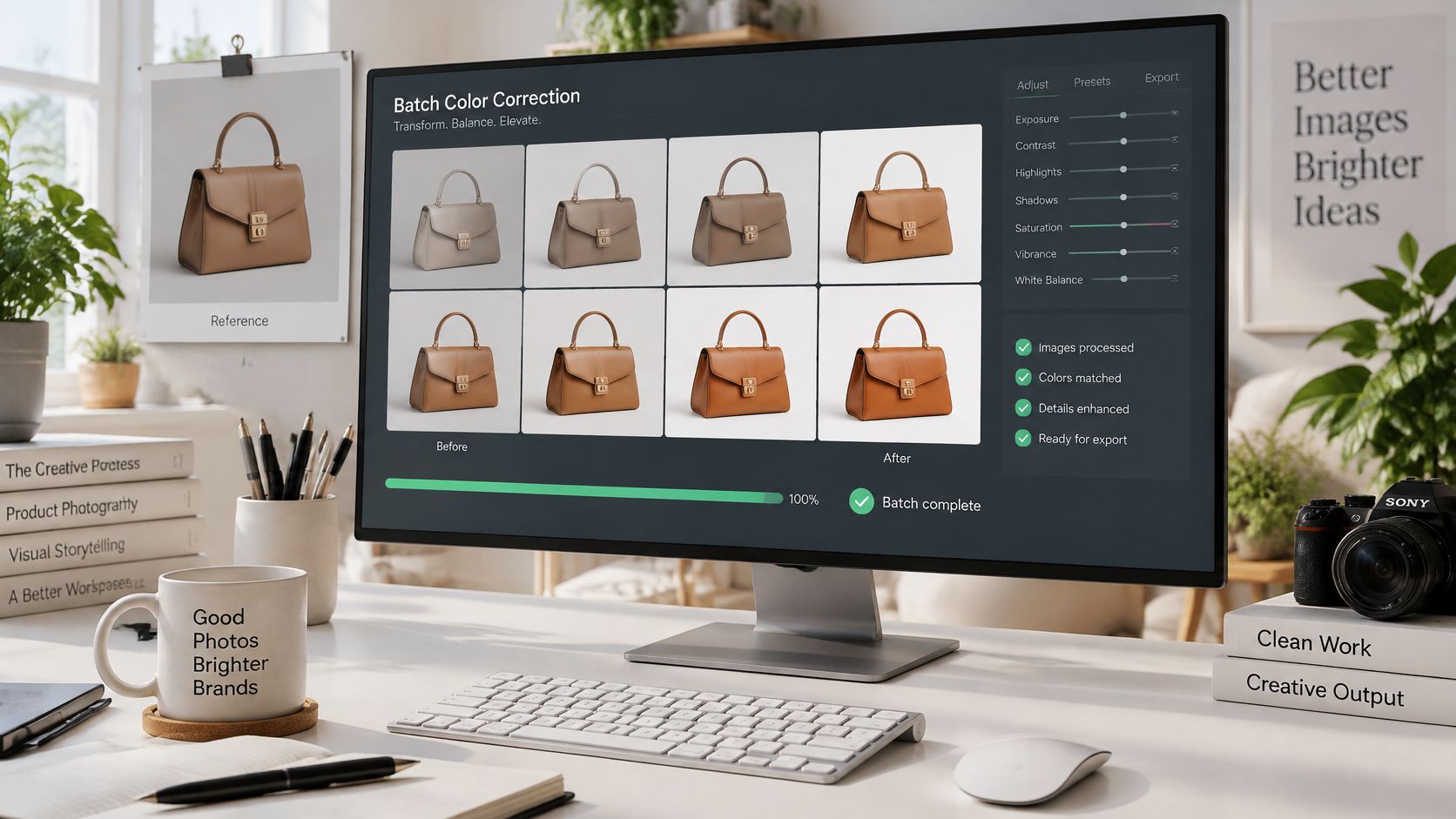 A computer monitor displaying a batch color correction software interface with photos of handbags in a workspace.