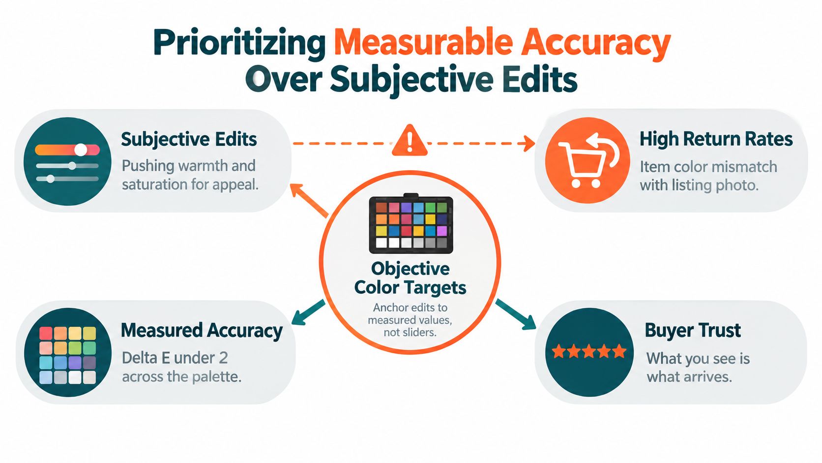 A diagram contrasting subjective photo edits with objective color targets to increase accuracy and buyer trust.
