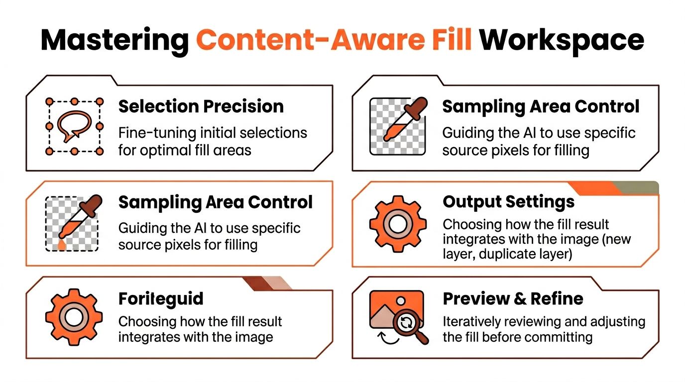An infographic titled Mastering Content-Aware Fill Workspace detailing key settings like selection precision and output options.
