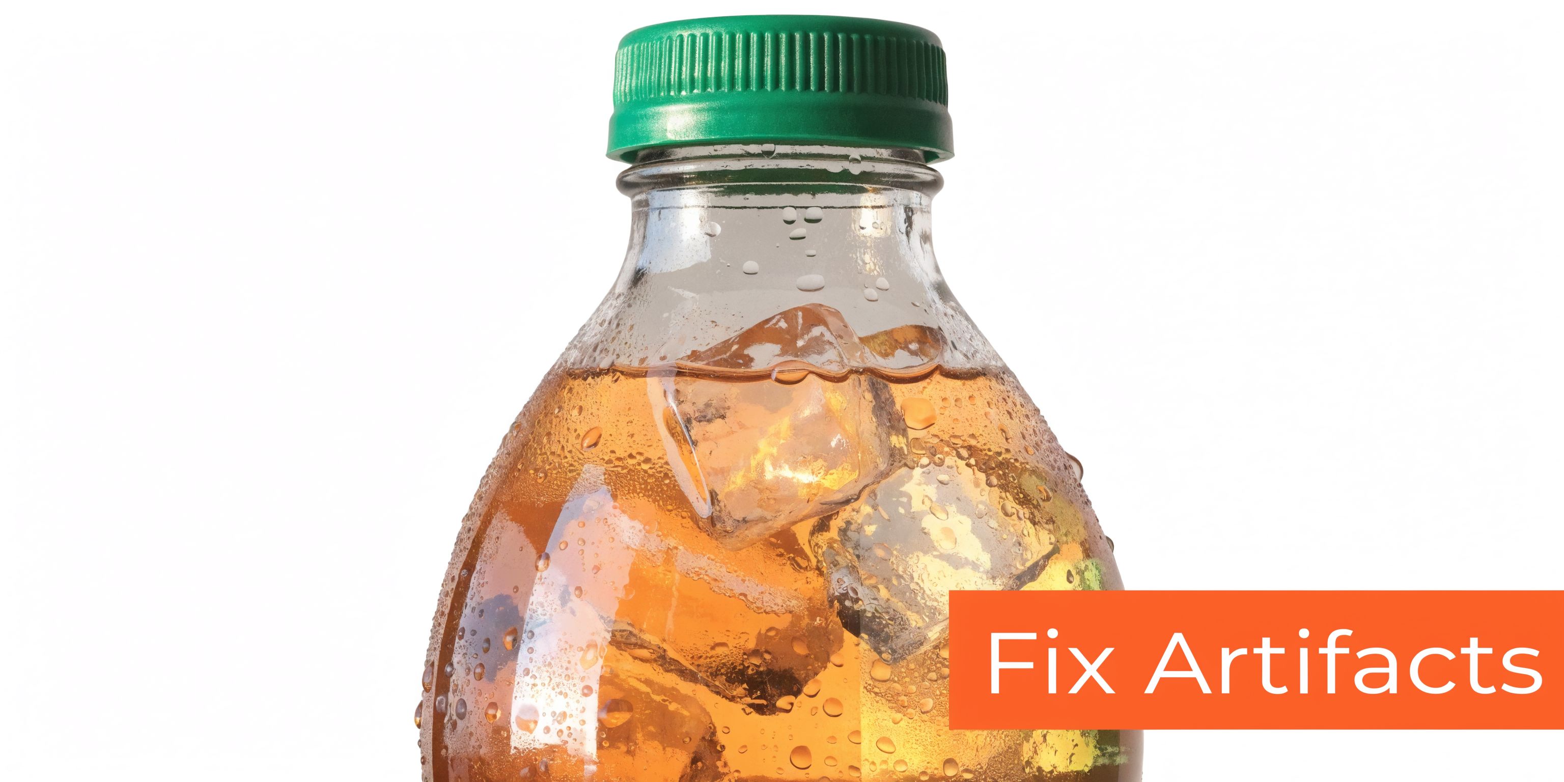 A close-up view of a clear plastic bottle filled with iced tea against a white background.
